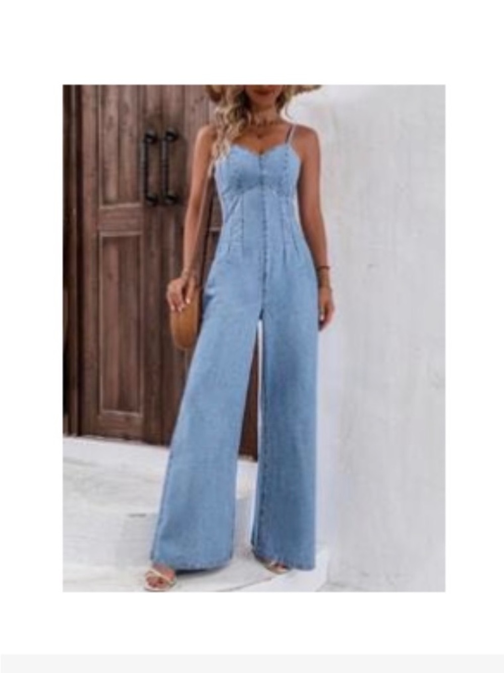Light Blue Wide-Leg Denim Jumpsuit with Spaghetti Straps
